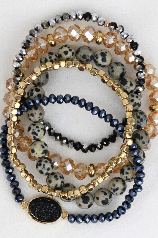 Natural Dalmatian Stone And Crystal Bracelet Set