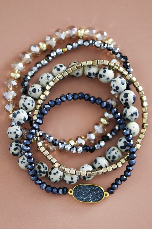Natural Dalmatian Stone And Crystal Bracelet Set