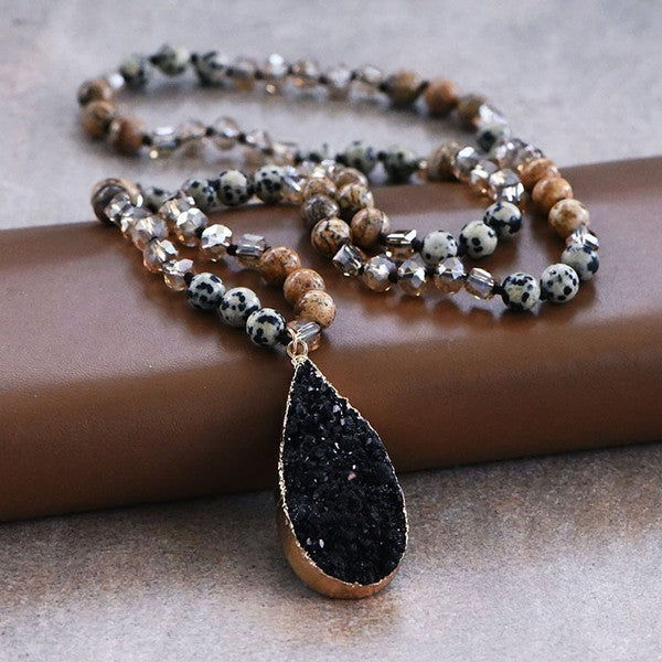 Natural Stone Bead Necklace With Druzy Pendant