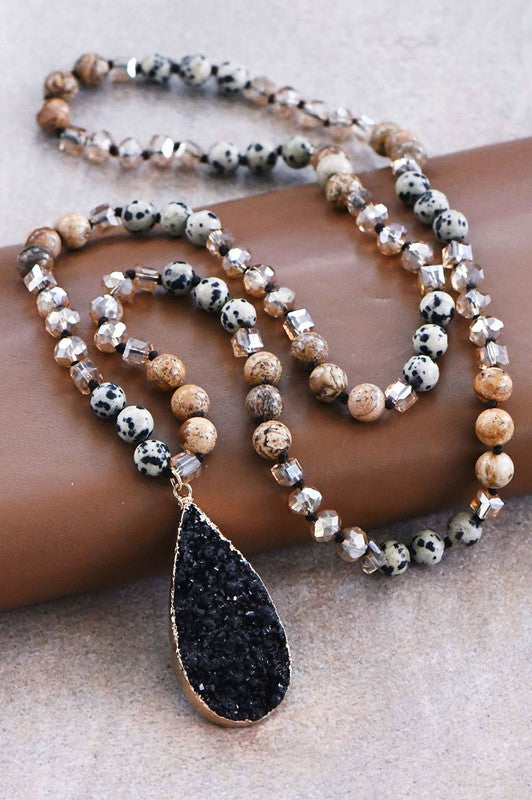 Natural Stone Bead Necklace With Druzy Pendant