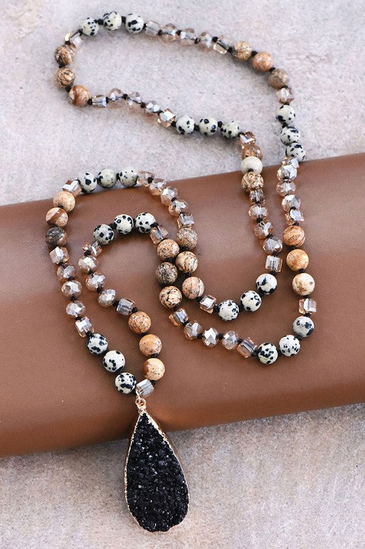 Natural Stone Bead Necklace With Druzy Pendant