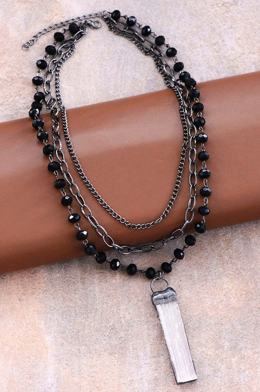 Black Layered Necklace With Crystal Stone Pendant