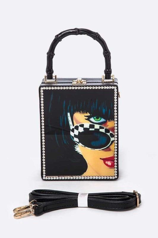 Glasses Lady Bamboo Handle Box Clutch Swing Bag