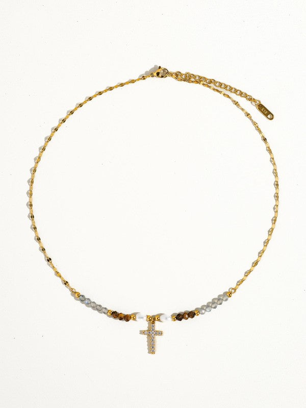 18k Gold Cross Necklace With Beads And Pearls