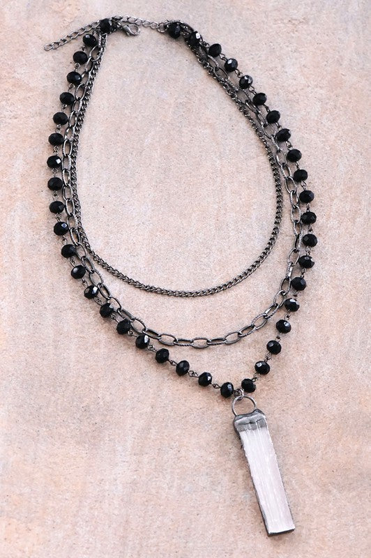 Black Layered Necklace With Crystal Stone Pendant