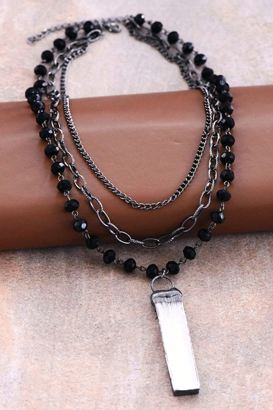 Black Layered Necklace With Crystal Stone Pendant