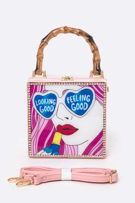 Sunglasses Lady Bamboo Handle Box Clutch Swing Bag