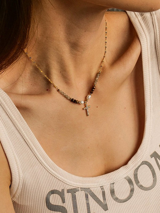 18k Gold Cross Necklace With Beads And Pearls