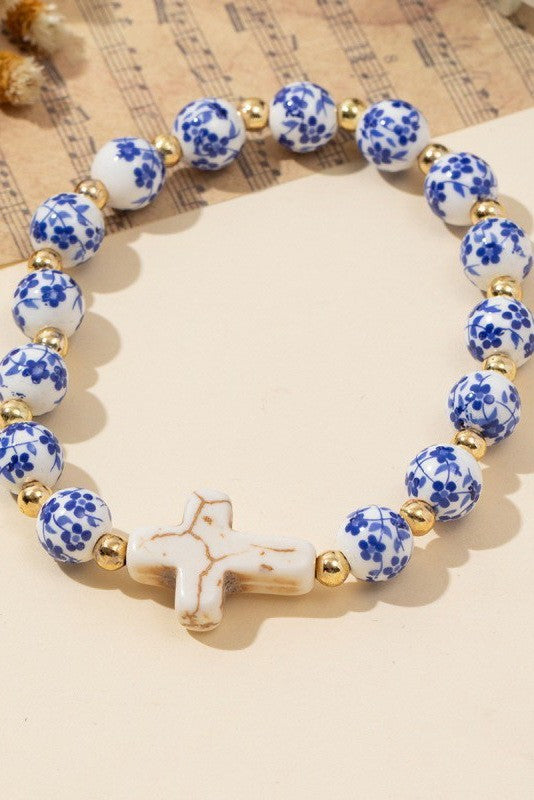 Blue Ceramic Porcelain Cross Charm Bracelet