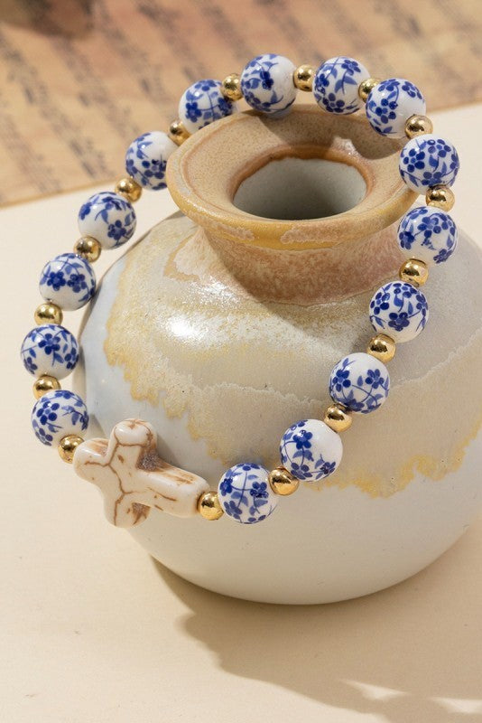 Blue Ceramic Porcelain Cross Charm Bracelet
